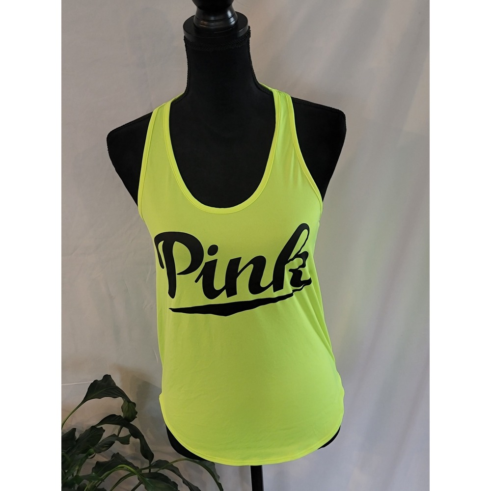 PINK Victoria's Secret Neon Yellow Racerback Tank Top XS Logo Graphic Activewear